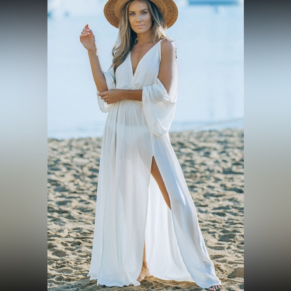 Cold Shoulder Maxi Beach Cover Up Dress Extra Large White EUC LIKE NEW - Picture 7 of 15